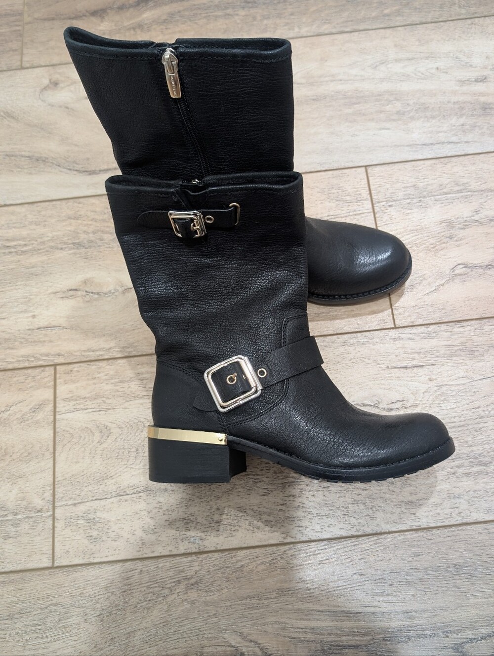 Vince Camuto Black Mid-Calf Buckle Boots with Gold Heel Trim